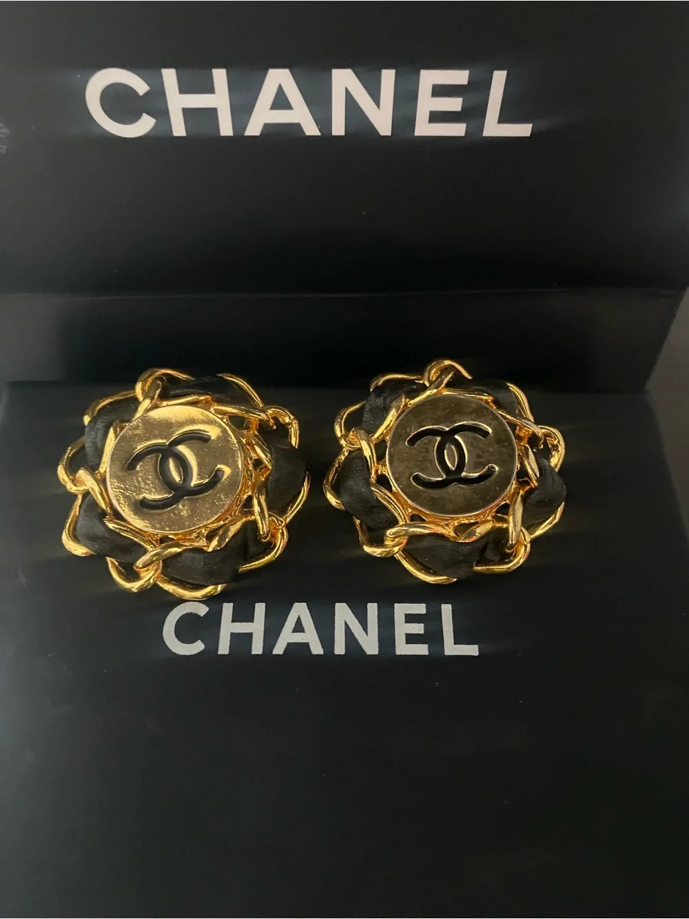 Authentic Chanel Black and Gold CC Logo Flower Earrings with box